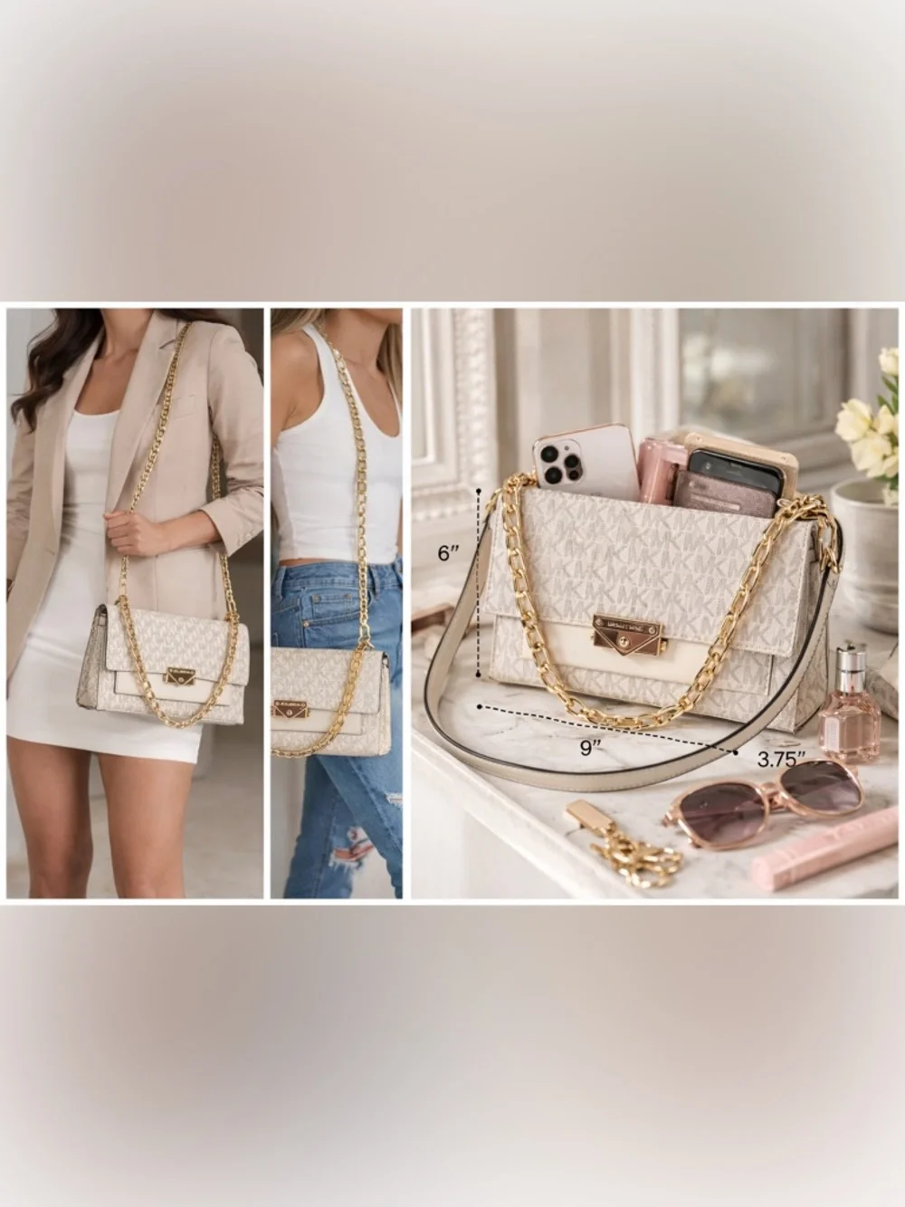NWT Michael Kors Cream MK Logo Chain Medium Crossbody Bag - Picture 17 of 17